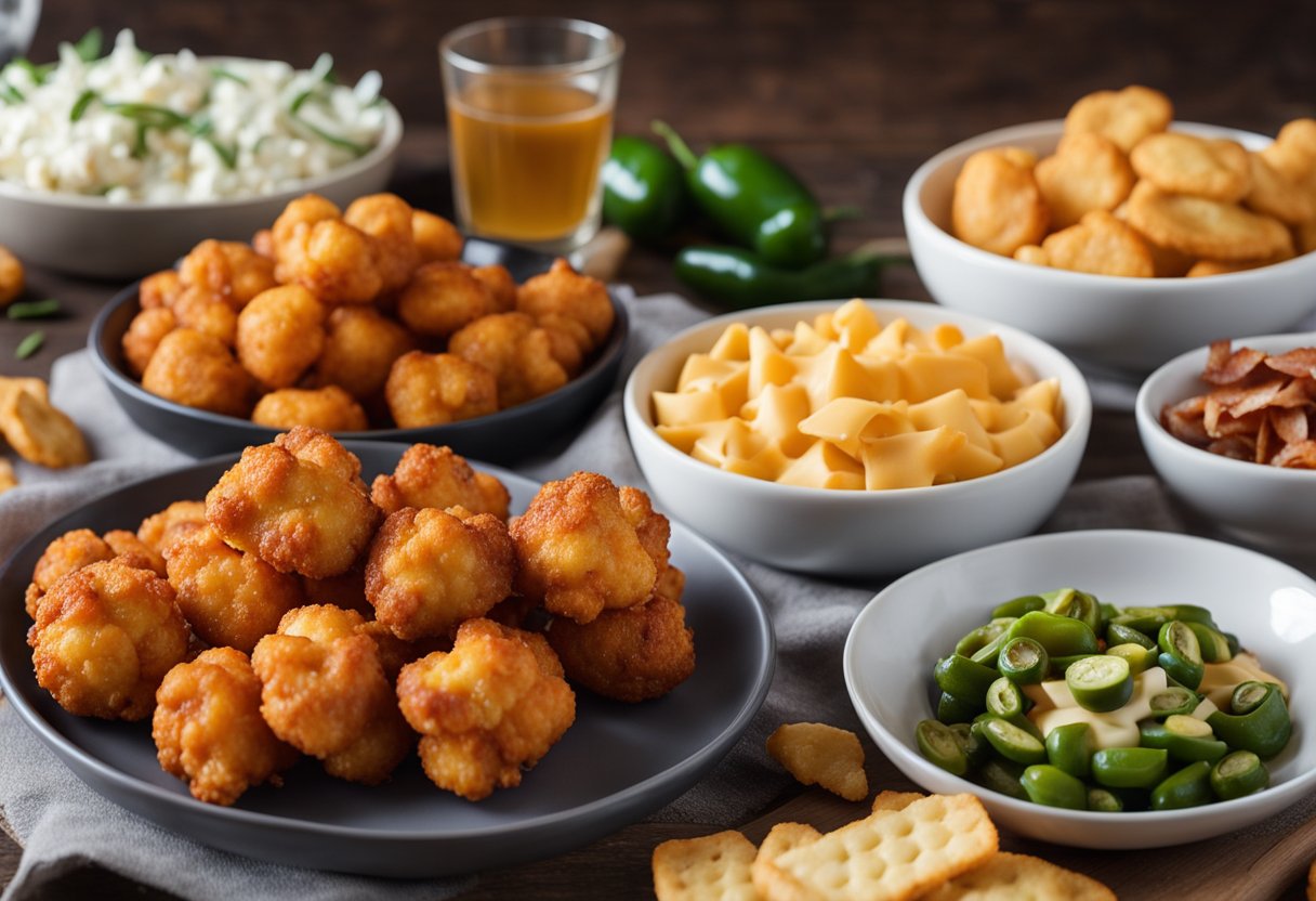 A table spread with keto-friendly game day snacks, including buffalo cauliflower bites, bacon-wrapped jalapeno poppers, and cheese crisps