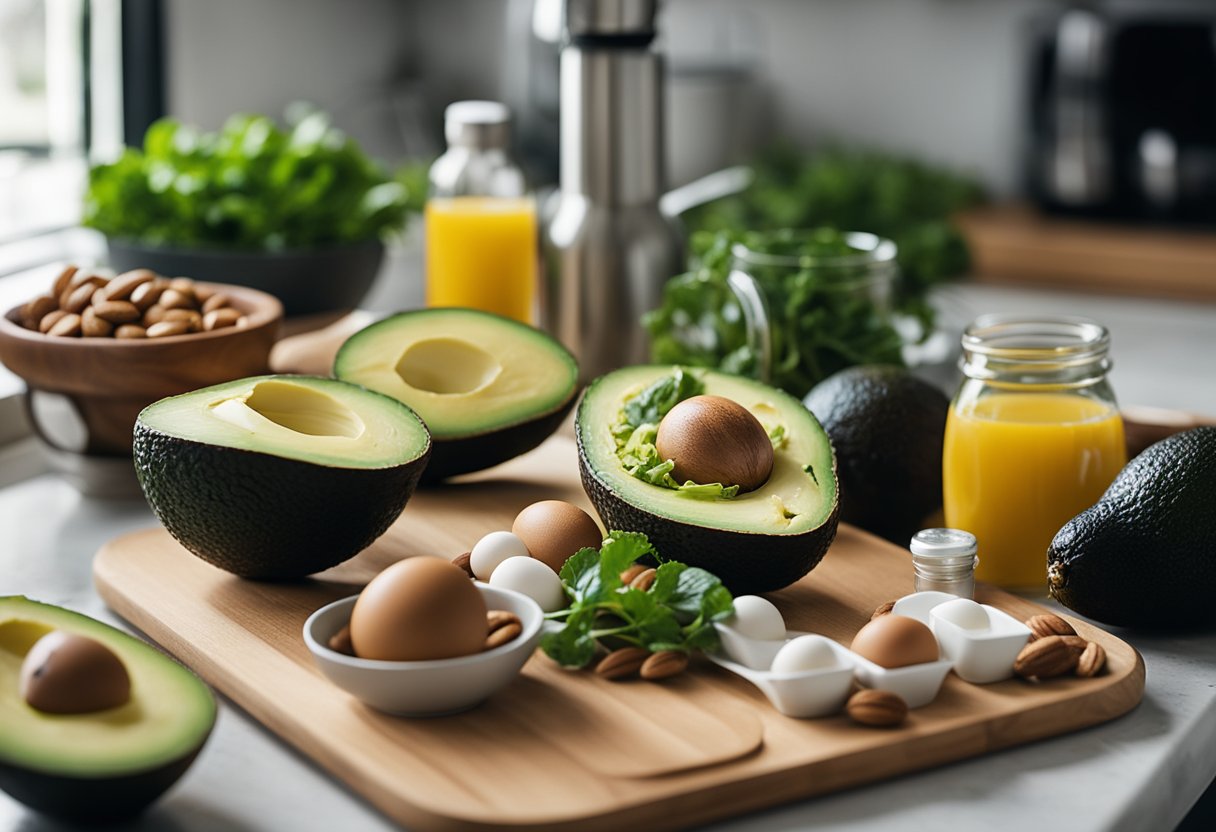 A runner's kitchen with keto-friendly foods: avocados, nuts, eggs, and leafy greens. A water bottle and running shoes sit on the counter