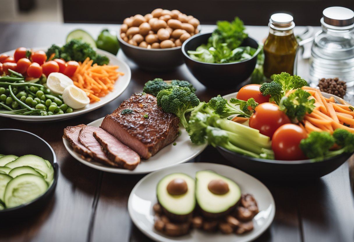 A table set with keto-friendly foods, including vegetables, lean meats, and healthy fats. A runner's gear, such as running shoes and a water bottle, nearby