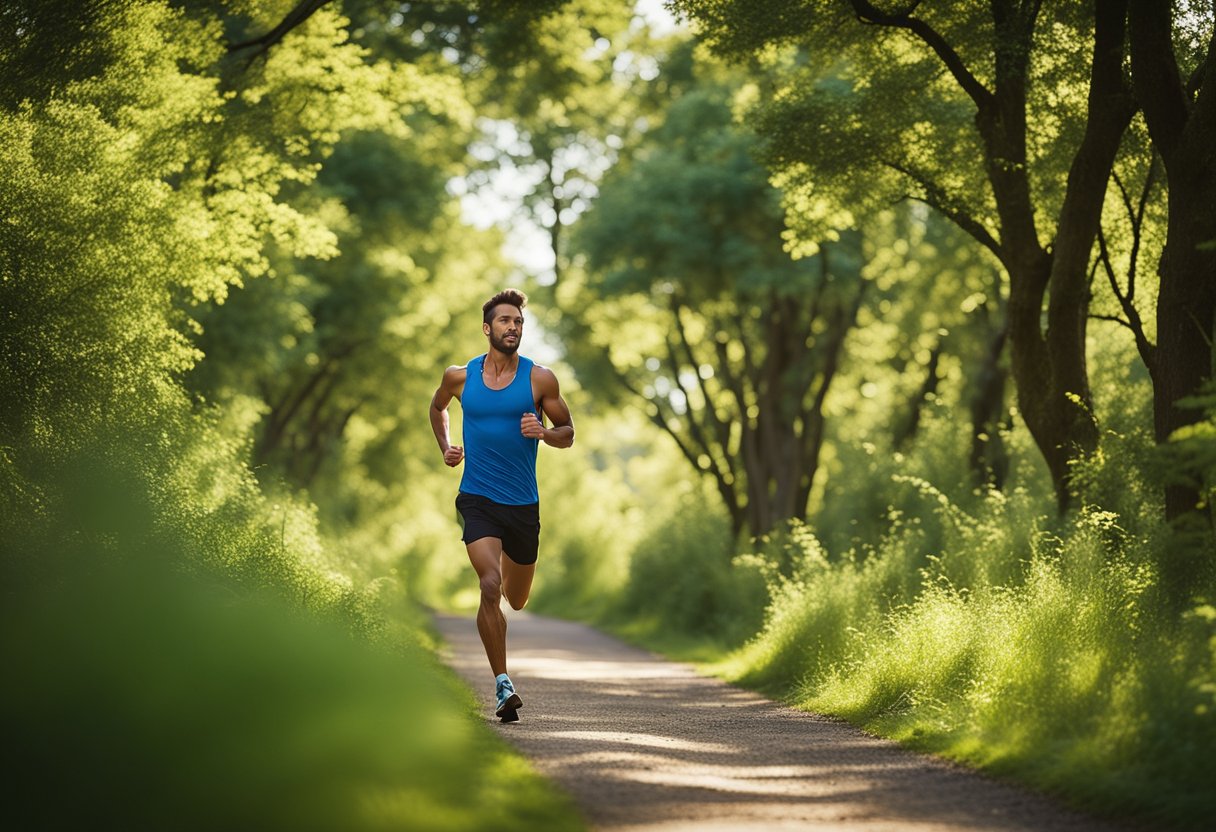 A runner effortlessly glides along a scenic trail, surrounded by lush greenery and a clear blue sky. The runner's energy and stamina are evident, showcasing the benefits of a keto lifestyle for runners