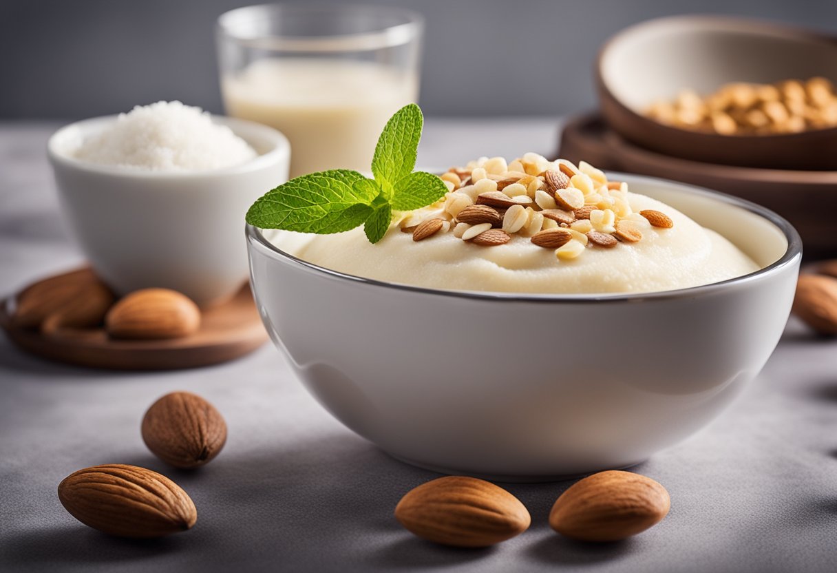 A bowl of sugar-free pudding surrounded by low-carb ingredients like almond flour, coconut oil, and stevia