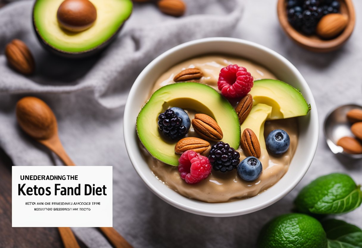 A bowl of sugar-free pudding surrounded by keto-friendly ingredients like avocados, nuts, and berries, with a banner reading "Understanding Ketosis and the Keto Diet."