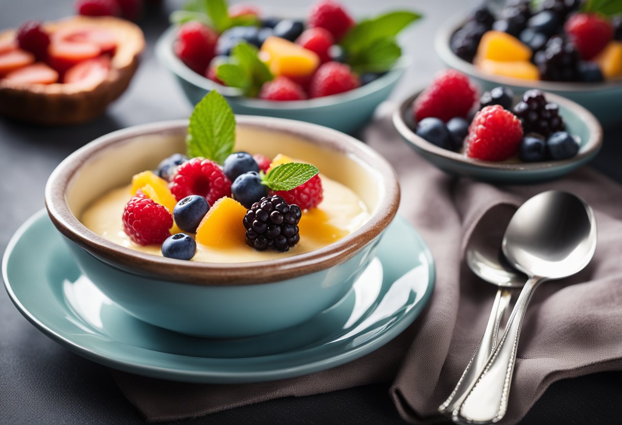 A bowl of sugar-free pudding sits on a table, surrounded by fresh berries. A spoon rests on the side of the bowl