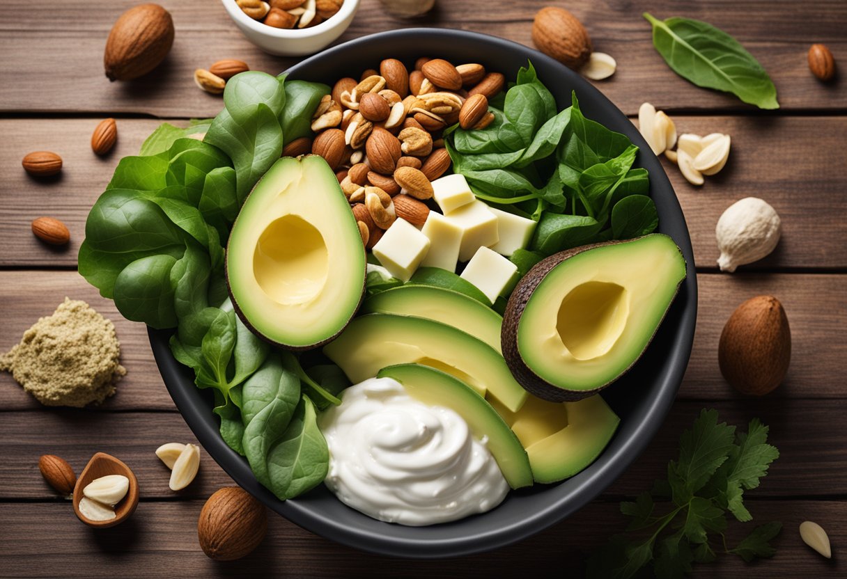 A bowl of sour cream surrounded by keto-friendly foods like avocados, nuts, and leafy greens, with a keto diet infographic in the background