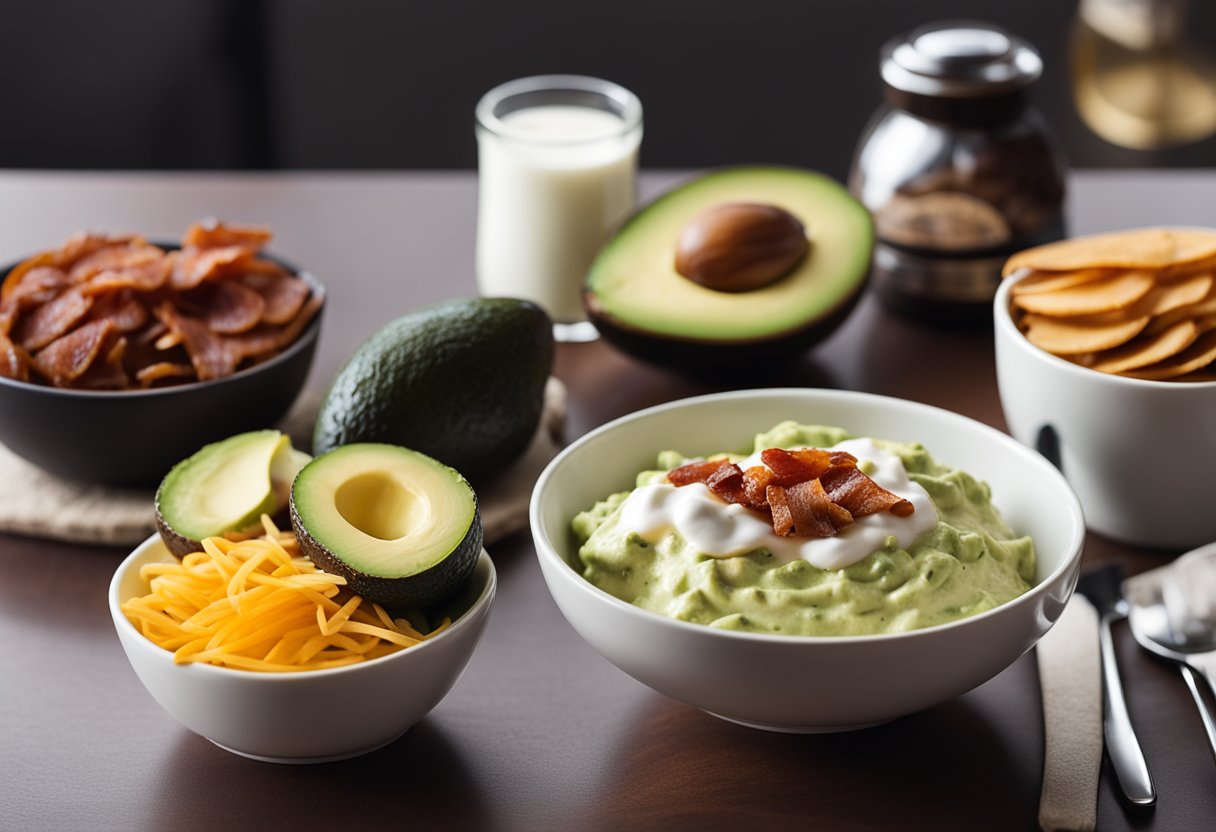 A bowl of sour cream next to keto-friendly foods like avocados and bacon, with a keto meal plan in the background