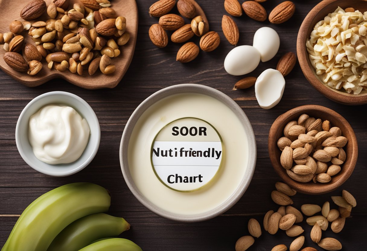 A bowl of sour cream next to a keto-friendly food chart, with nuts and a nutritional profile visible