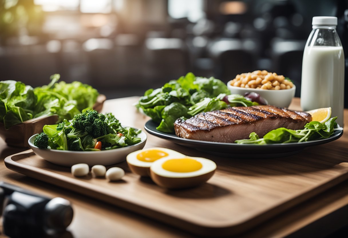 A plate with lean meats, leafy greens, and healthy fats. A water bottle and protein shake on the side. Gym equipment in the background