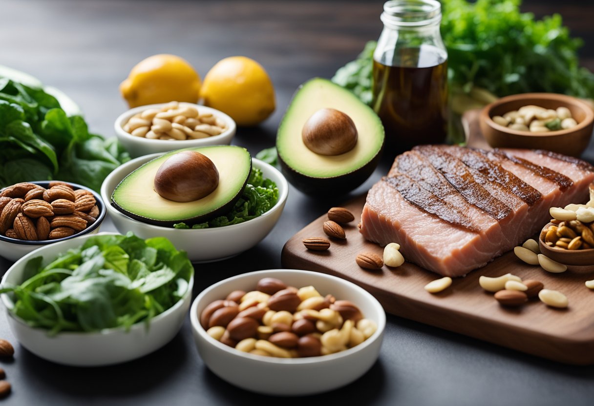 A table filled with keto-friendly foods: lean meats, leafy greens, nuts, and avocados. A water bottle and electrolyte supplements sit nearby