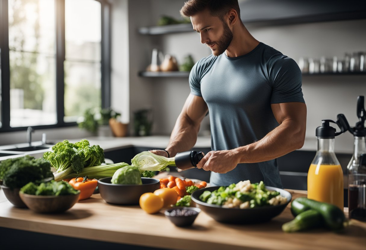 An athlete preparing a keto-friendly meal with fresh vegetables, lean protein, and healthy fats. A water bottle and workout equipment in the background