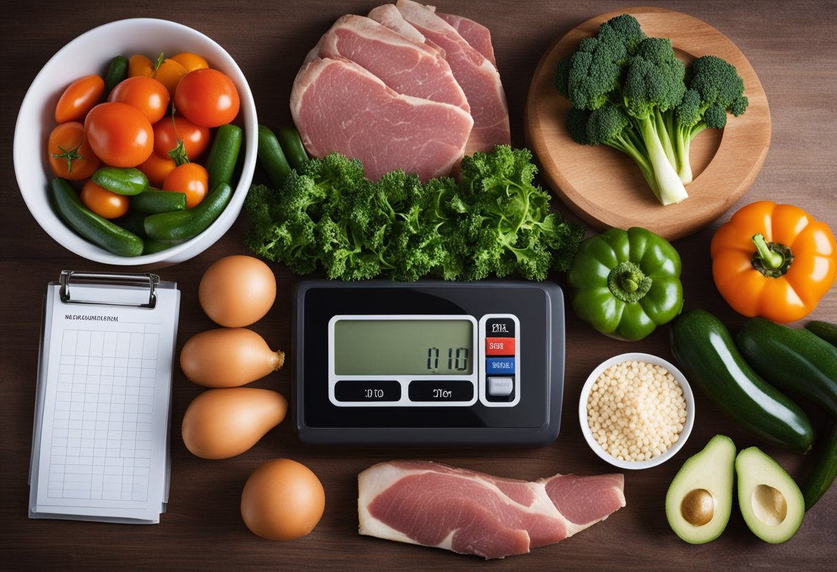 A kitchen counter with fresh vegetables, lean meats, and healthy fats. A measuring scale and a food journal are nearby