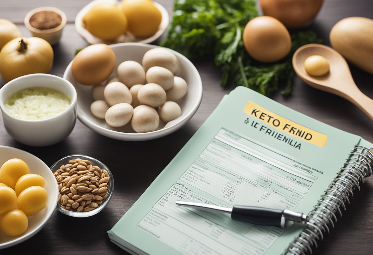 A table with keto-friendly foods, a measuring scale, and a tape measure. A pamphlet on understanding Lipedema and a journal for tracking progress