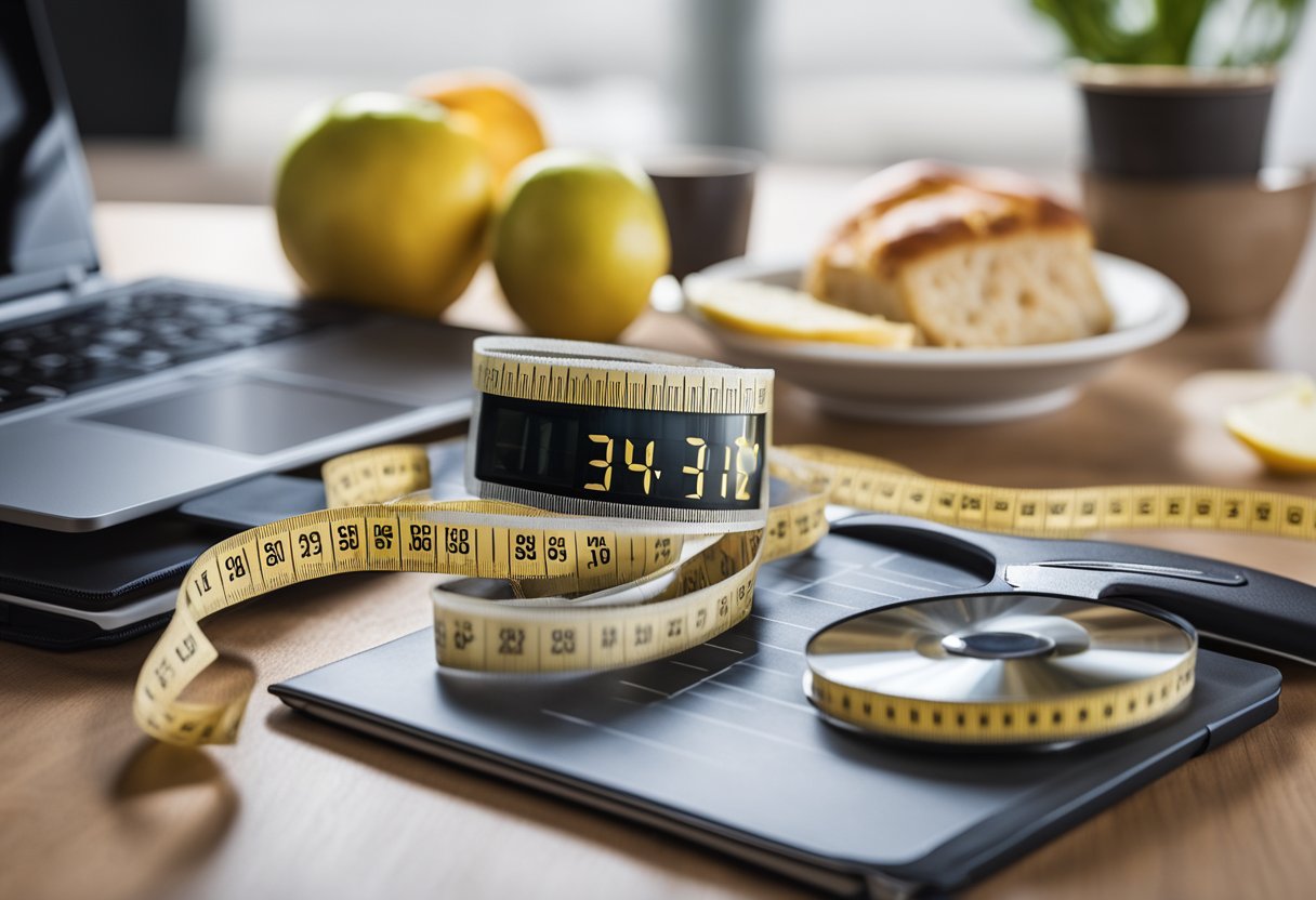 A table with keto-friendly foods, a measuring scale, and a tape measure. A book on lipedema and a laptop with research articles