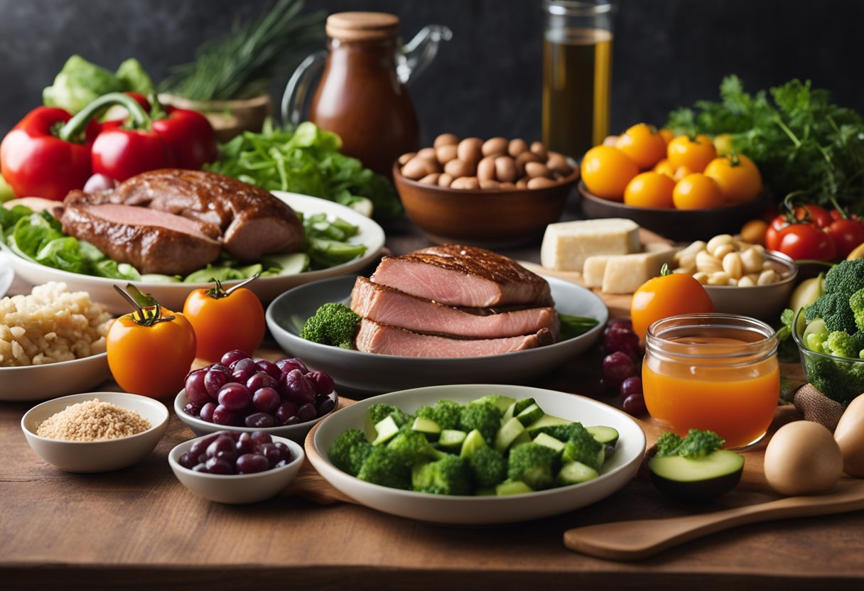 A table set with kidney-friendly foods like lean meats, low-carb vegetables, and healthy fats. A kidney health guidebook and measuring tools are nearby