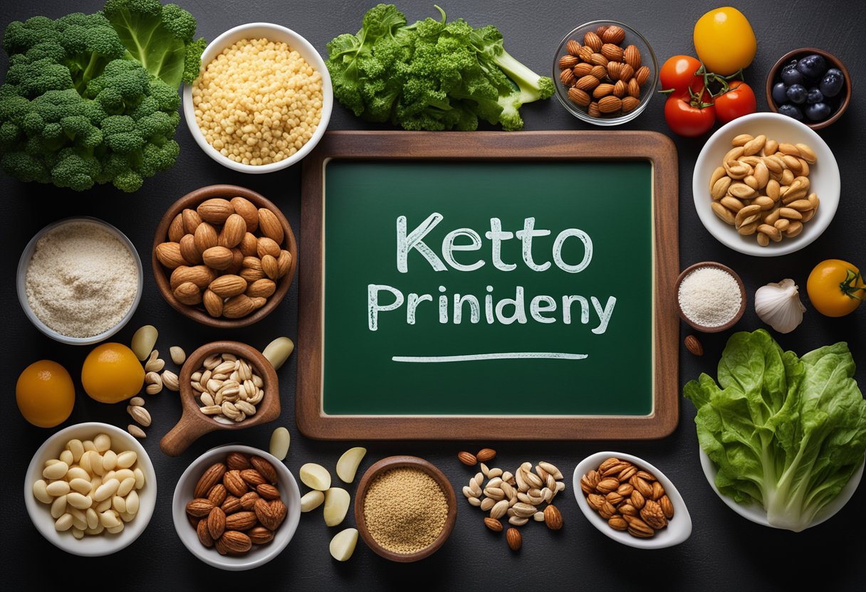 A table with keto-friendly foods: leafy greens, lean proteins, nuts, and low-carb vegetables. A kidney-friendly meal plan on a chalkboard