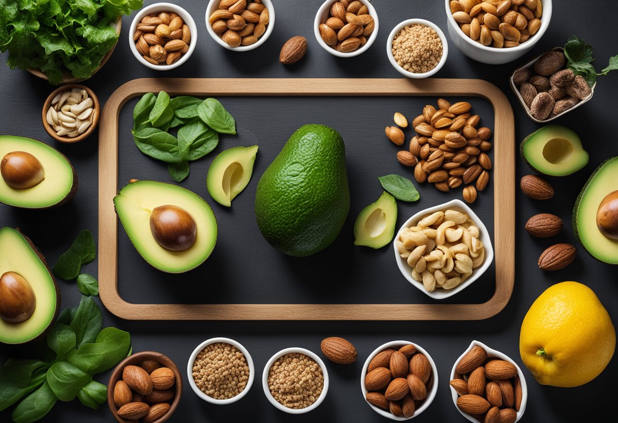 A table with keto-friendly foods: avocados, nuts, fish, and leafy greens. A kidney-friendly meal plan on a chalkboard