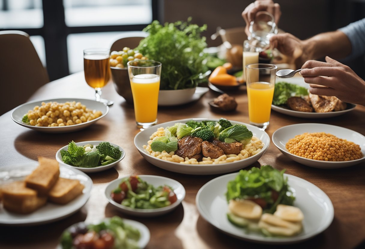 A table set with low-acid, high-fat foods. No spicy or acidic ingredients. A person enjoying a meal without heartburn