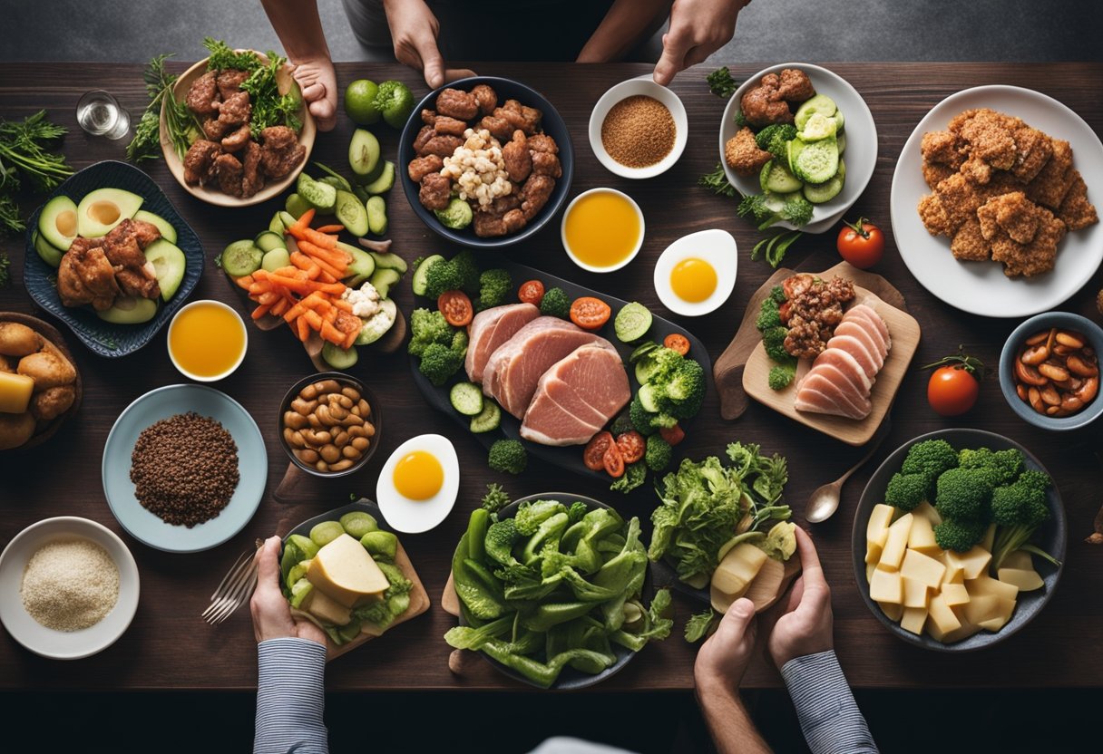 A table with a variety of keto-friendly foods, such as lean meats, non-starchy vegetables, and healthy fats. A person with GERD is smiling and enjoying a meal without experiencing symptoms