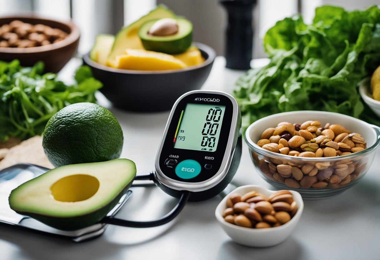 A table filled with leafy greens, avocados, nuts, and lean proteins. A blood pressure monitor sits nearby, displaying a healthy reading