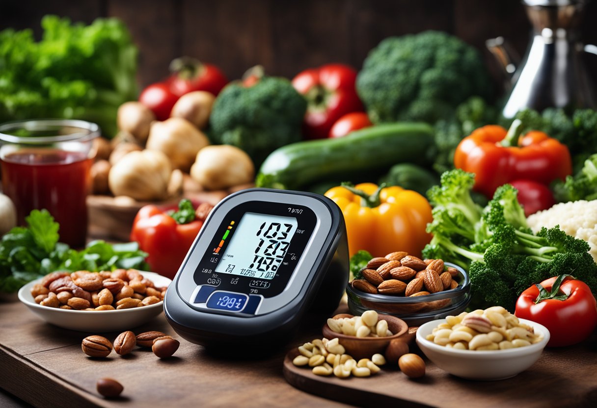 A table set with fresh vegetables, lean meats, and nuts. A blood pressure monitor sits nearby