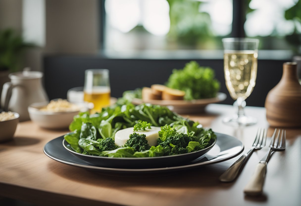 A pregnant woman's plate with leafy greens, lean proteins, and healthy fats. No processed foods or sugary drinks in sight