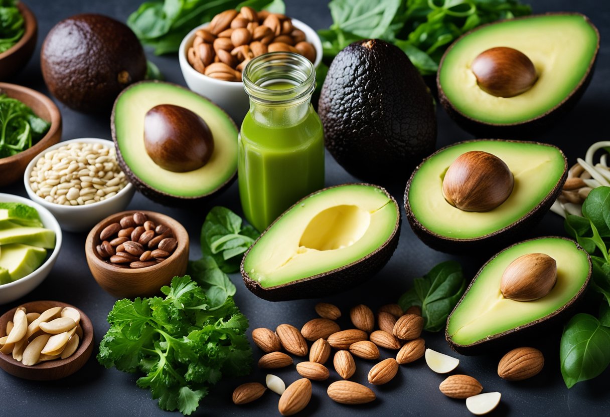 A colorful, diverse array of keto-friendly foods: avocados, leafy greens, nuts, seeds, and lean proteins, with a focus on healthy fats and low-carb options