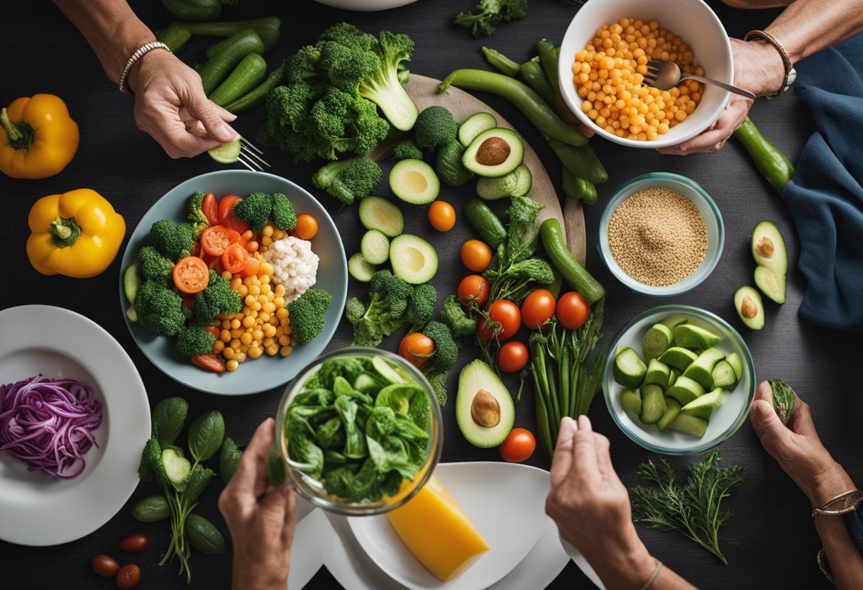 A table set with colorful, fresh vegetables, lean proteins, and healthy fats. A woman over 60 prepares a balanced meal following a keto diet