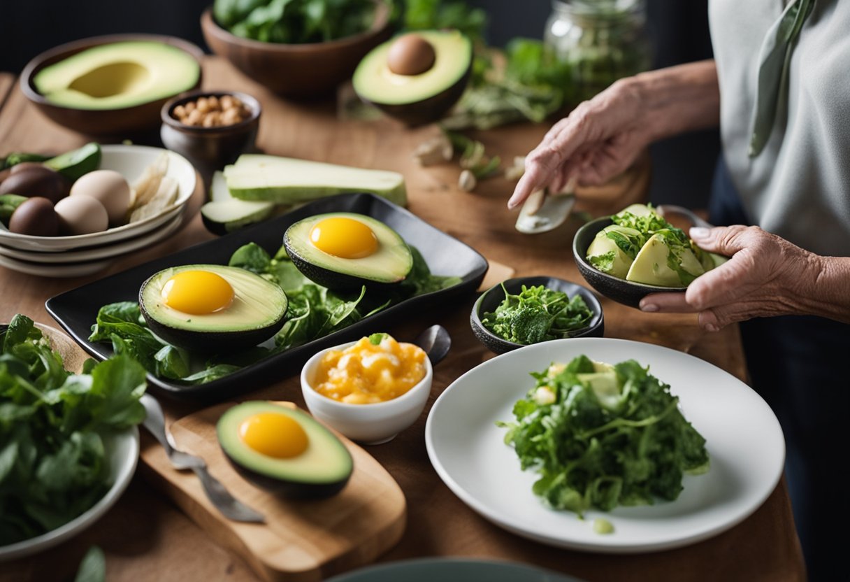 A woman over 60 follows a keto diet, choosing high-fat, low-carb foods. She prepares a meal with avocados, eggs, and leafy greens