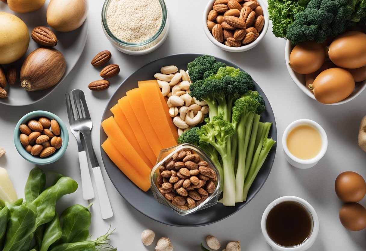 A table with a variety of healthy foods such as vegetables, lean proteins, and nuts. A keto meal plan and supplements are displayed next to a woman's fitness gear