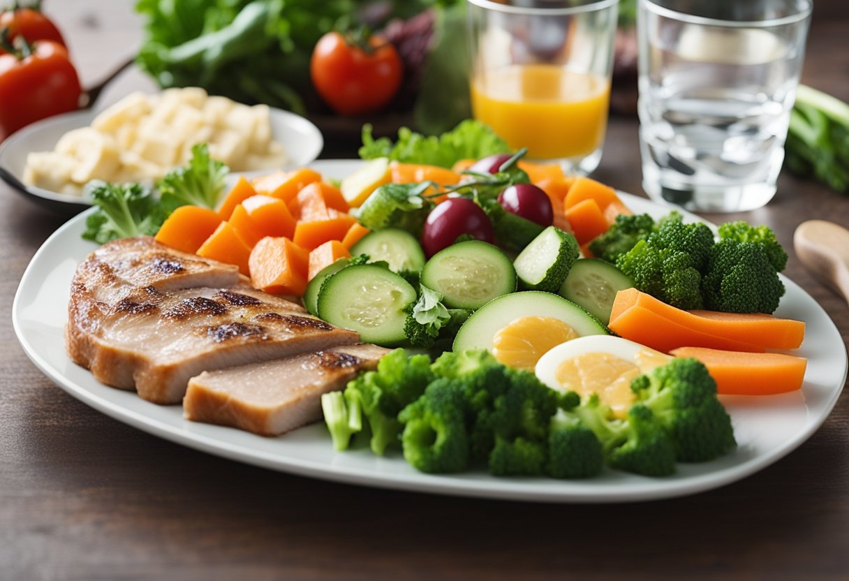 A plate with assorted low-carb foods, like vegetables, lean protein, and healthy fats, sits on a table next to a glass of water