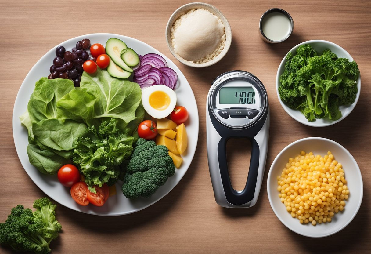 A colorful plate with a variety of low-carb foods like leafy greens, lean proteins, and healthy fats, surrounded by measuring tools and a blood sugar monitor