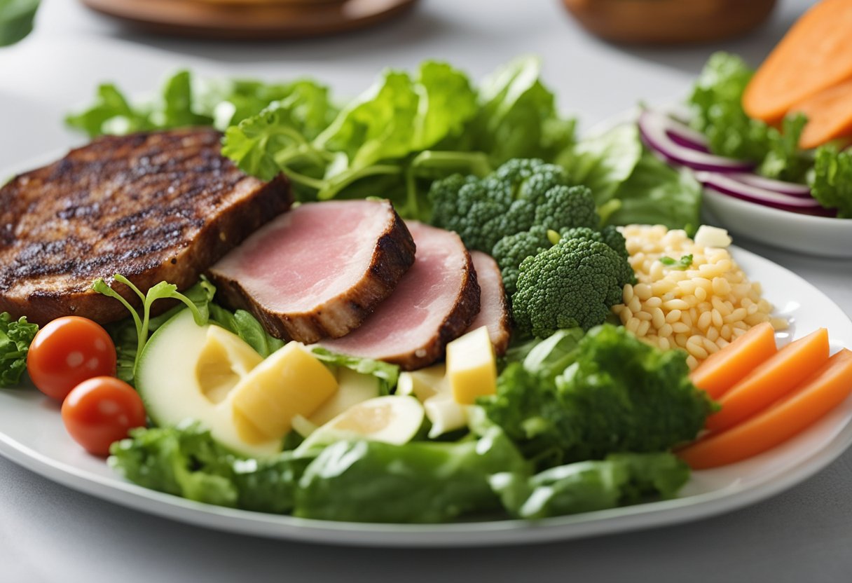 Scene: A plate with colorful, low-carb foods like leafy greens, lean meats, and vibrant vegetables. A scale shows weight loss progress, while a blood sugar monitor indicates improved diabetes management