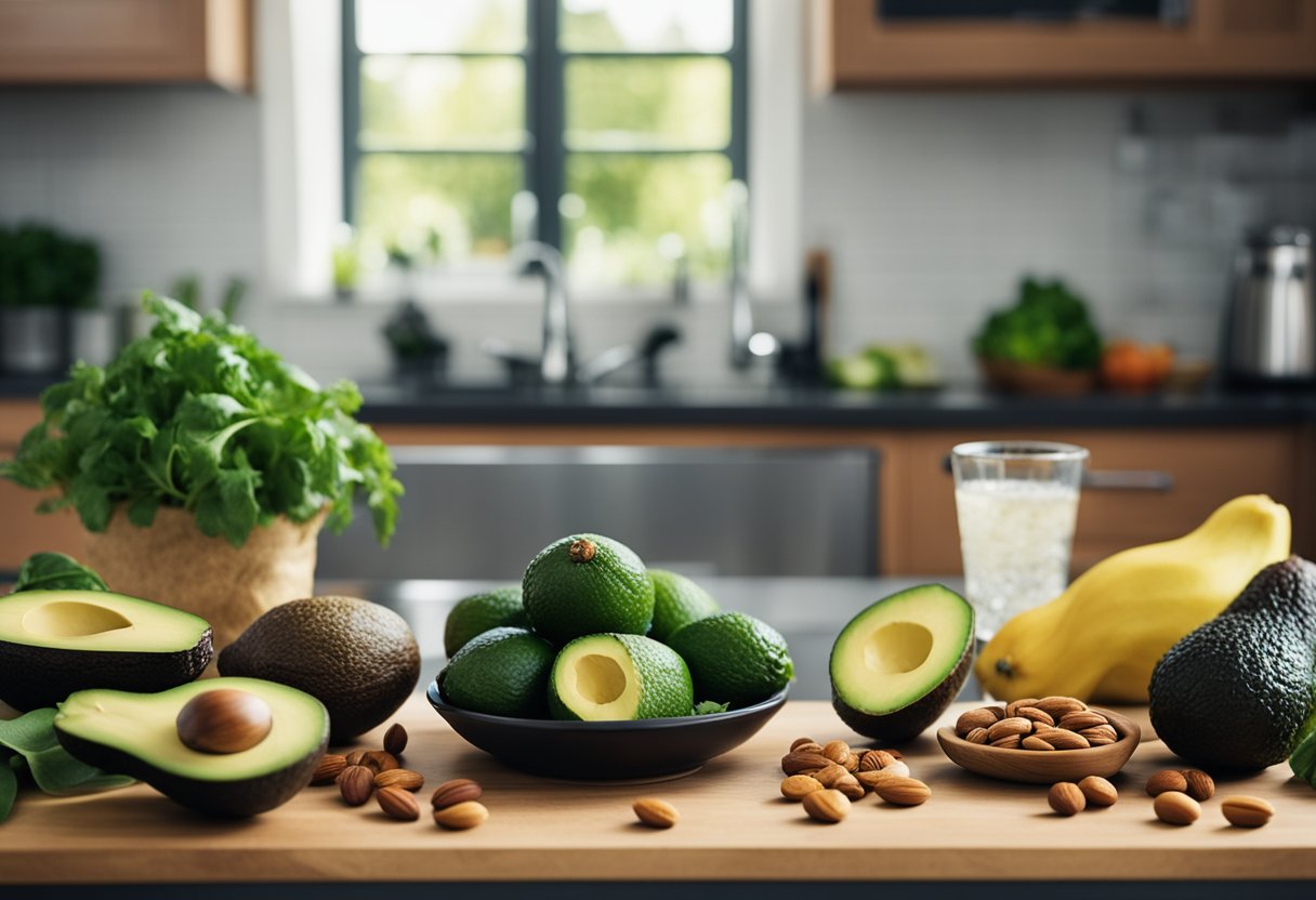 A kitchen counter with a variety of low-carb, high-fat foods, such as avocados, nuts, and leafy greens. A scale shows a decreasing number of pounds