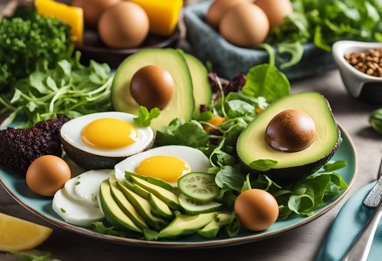 A colorful plate with various low-carb foods like avocado, eggs, and leafy greens. A measuring tape wrapped around the plate, indicating weight loss