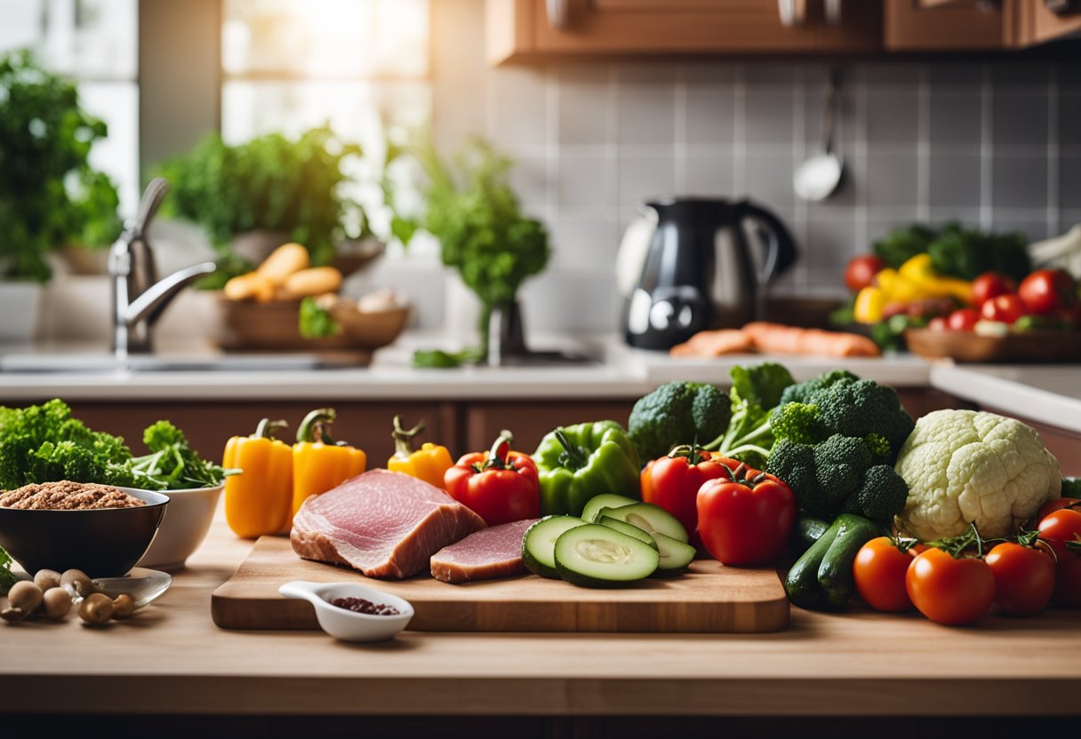 A kitchen counter with fresh vegetables, lean meats, and healthy fats. A scale and measuring cups sit nearby. A calendar marks off 10 days