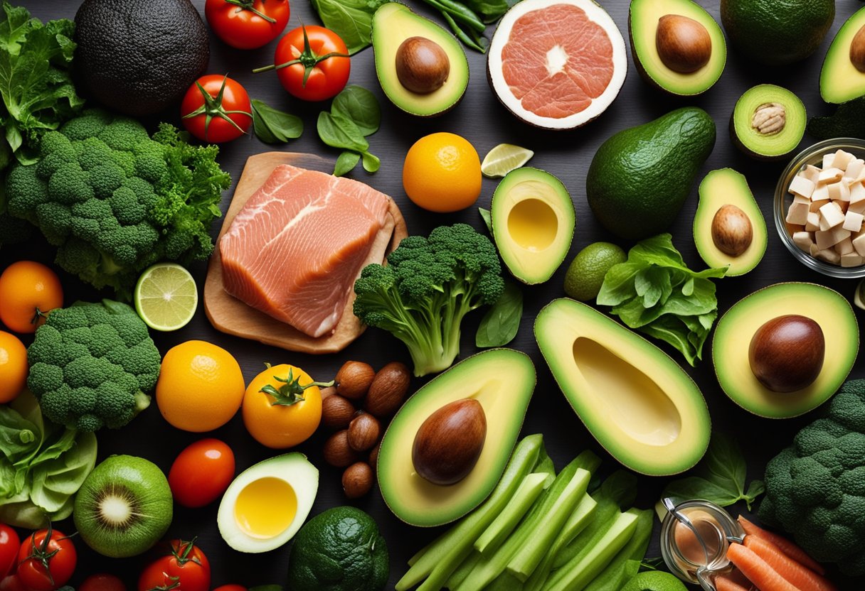 A colorful array of vegetables, lean meats, and healthy fats arranged on a table, with a prominent focus on avocados, salmon, and leafy greens