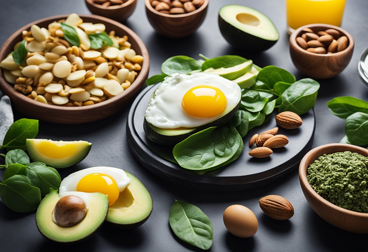 A table filled with keto-friendly foods: avocados, eggs, salmon, spinach, and nuts. A measuring tape and scale sit nearby, symbolizing weight loss