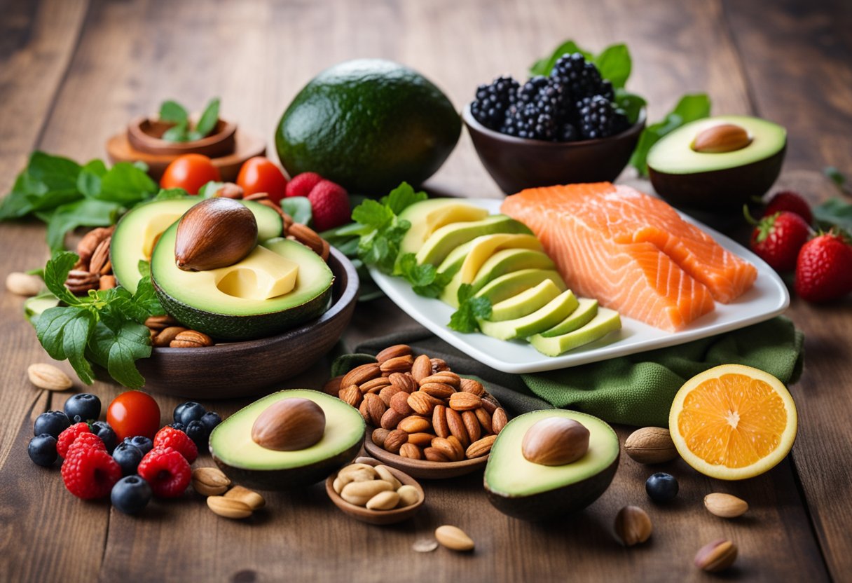 A colorful array of keto-friendly foods arranged on a table, including avocados, leafy greens, salmon, nuts, and berries