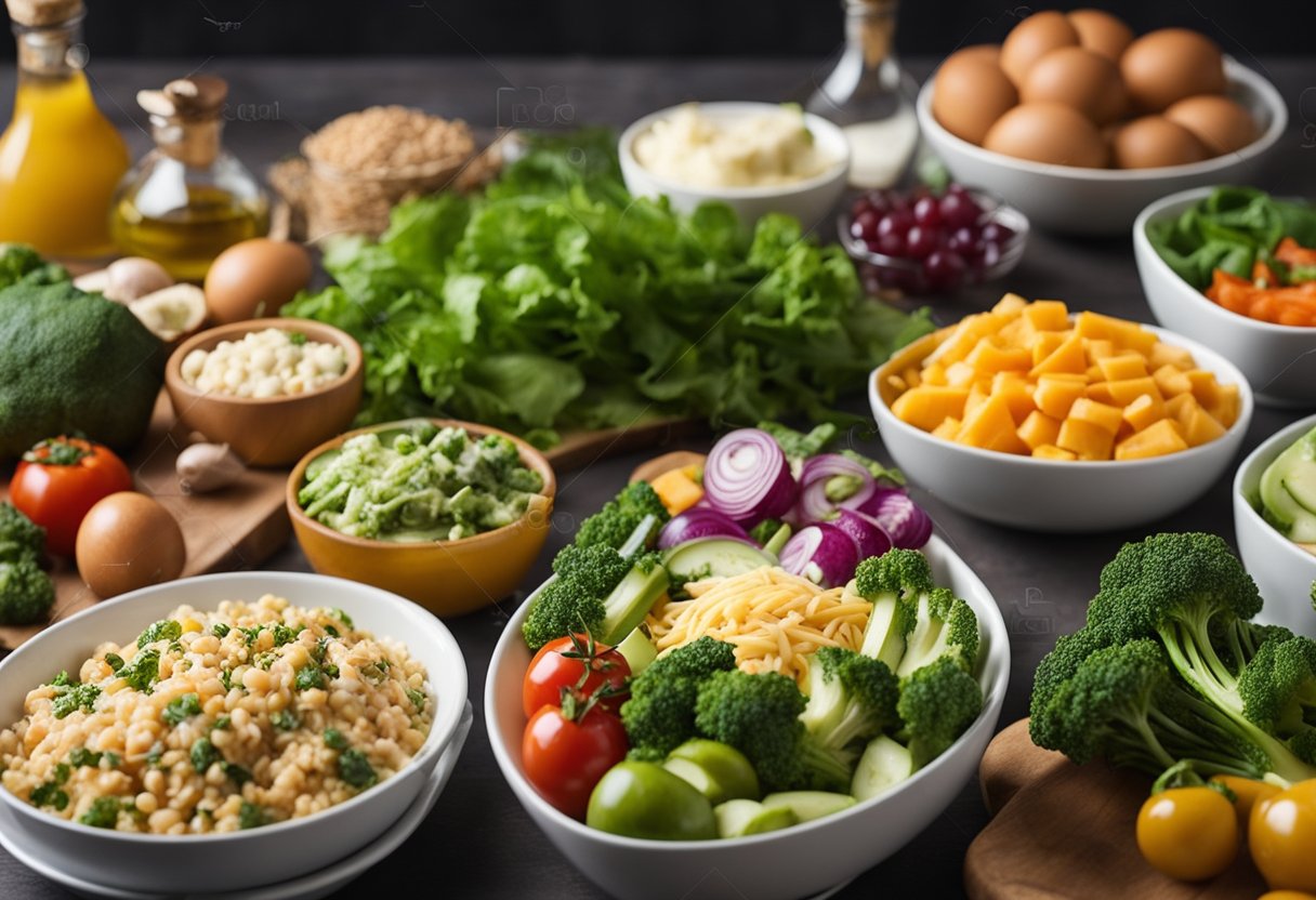 A table set with a week's worth of low carb meals, including vegetables, lean proteins, and healthy fats. No processed foods in sight