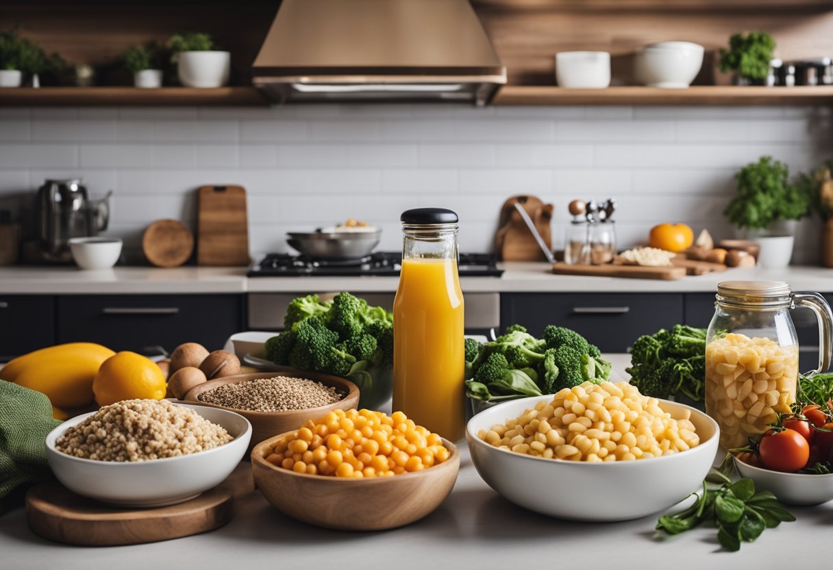 A kitchen counter with various low carb foods and ingredients laid out for meal prep. A calendar or meal plan chart on the wall