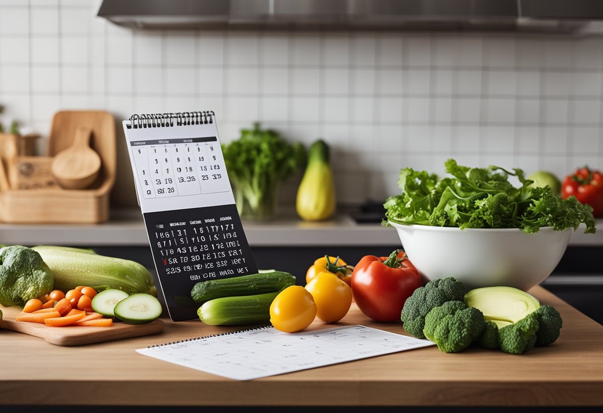 A kitchen counter with a meal plan calendar, fresh vegetables, lean protein, and healthy fats. A scale and measuring tape nearby