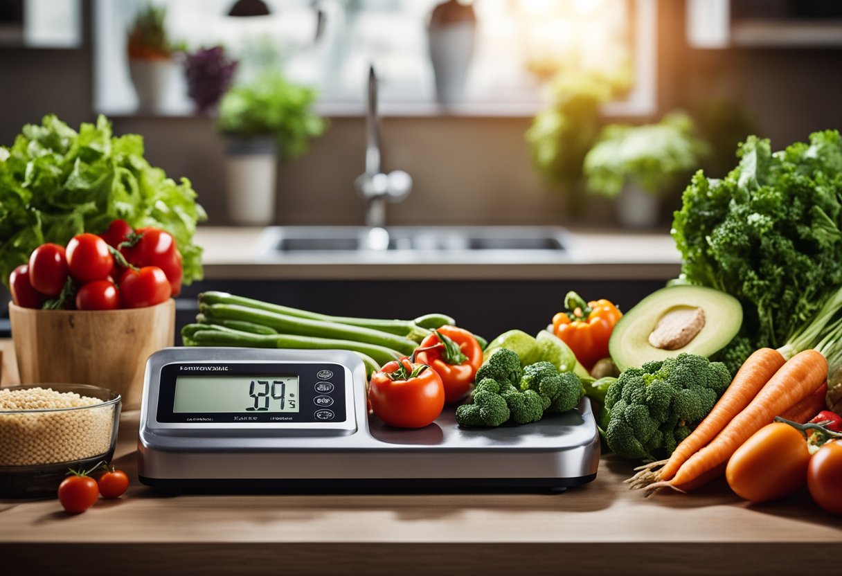 A kitchen counter with a variety of fresh vegetables, lean meats, and healthy fats. A scale displaying weight loss progress