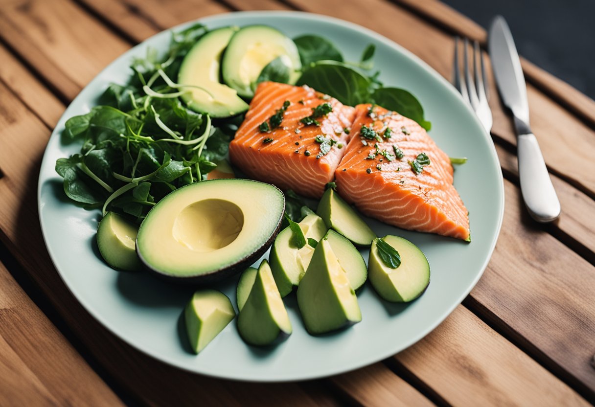 A colorful plate with keto-friendly foods, such as avocado, salmon, and leafy greens, sits on a wooden table next to a water bottle