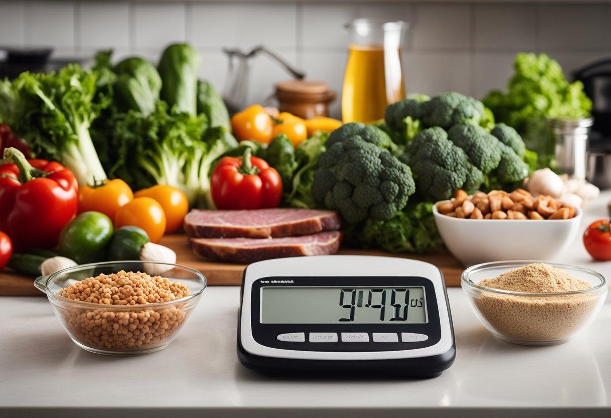 A kitchen counter with a variety of fresh vegetables, lean meats, and healthy fats. A scale, measuring cups, and a meal plan are displayed nearby