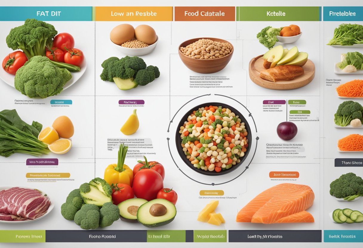 A colorful chart with sections for different food groups, including low-carb vegetables, healthy fats, and lean proteins. The chart clearly outlines the recommended portions for females following the Keto diet