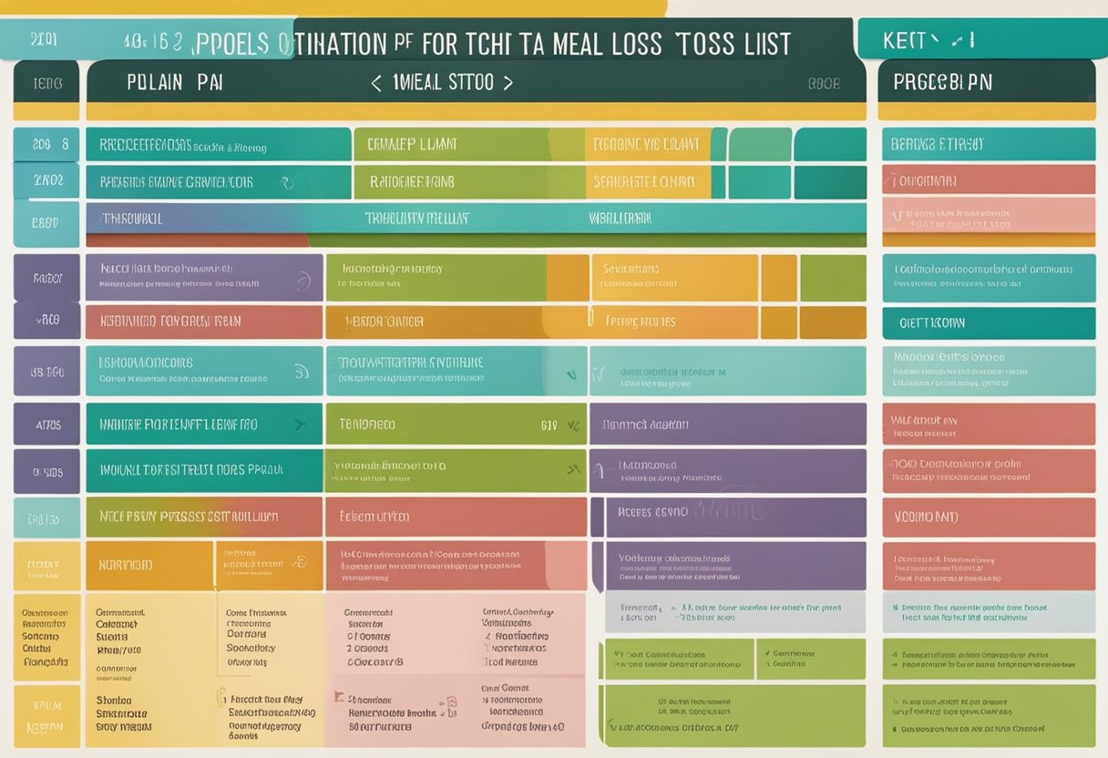 A colorful chart with sections for meal plans, food lists, and progress tracking, displaying the stages of a keto diet plan for weight loss