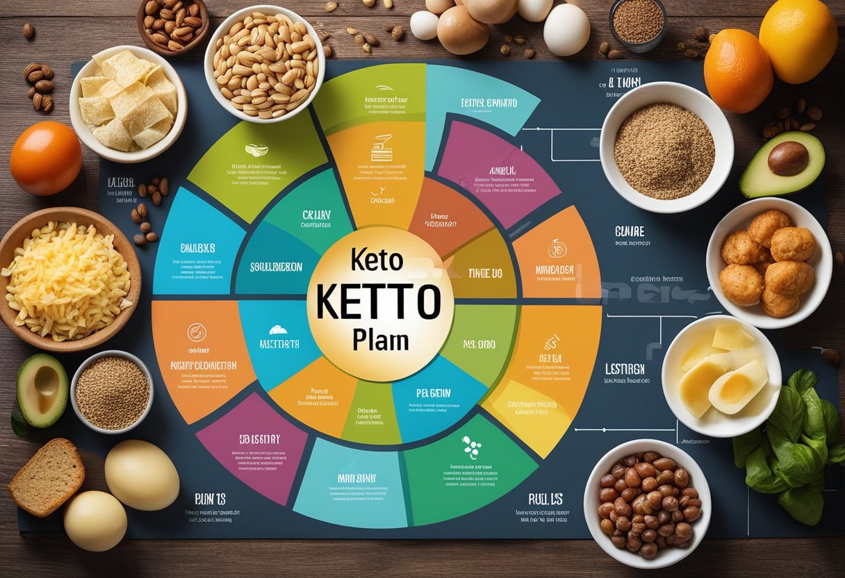 A colorful chart displaying the Keto Diet plan with various food groups and portion sizes for weight loss