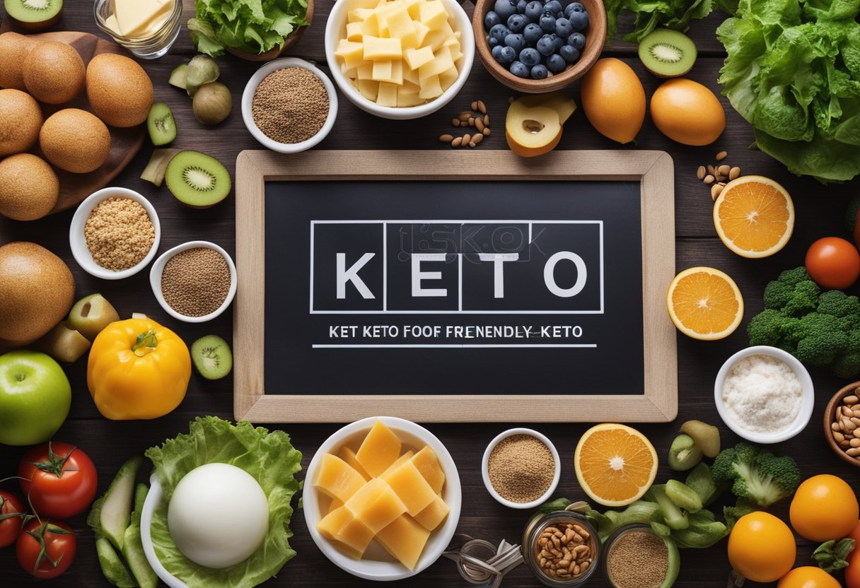 A colorful chart with keto-friendly foods and portion sizes, surrounded by motivational quotes and images of healthy, fresh ingredients