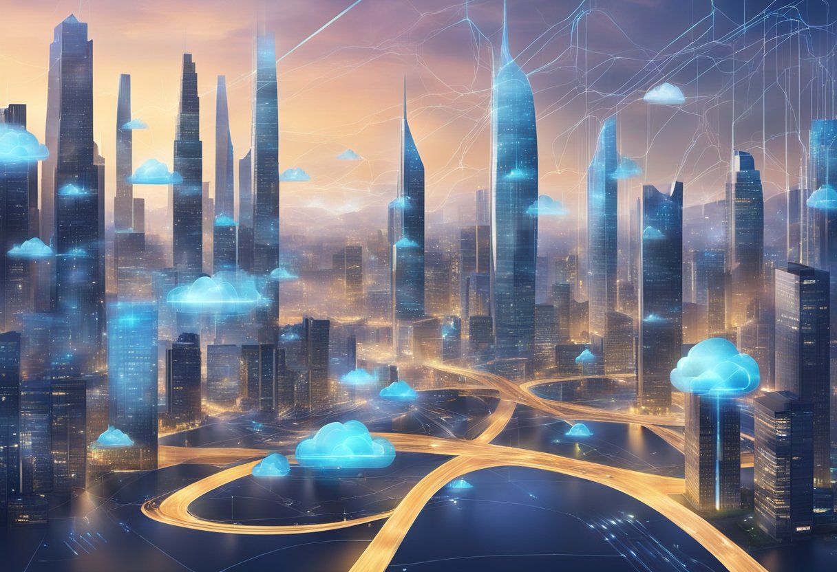 A futuristic city skyline with interconnected clouds and data streams, showcasing the integration and evolution of cloud computing technology