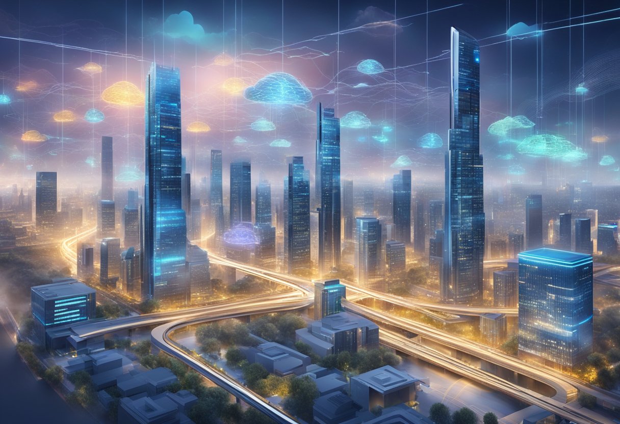 A futuristic cityscape with interconnected clouds and data centers, showcasing the integration of AI and IoT technologies