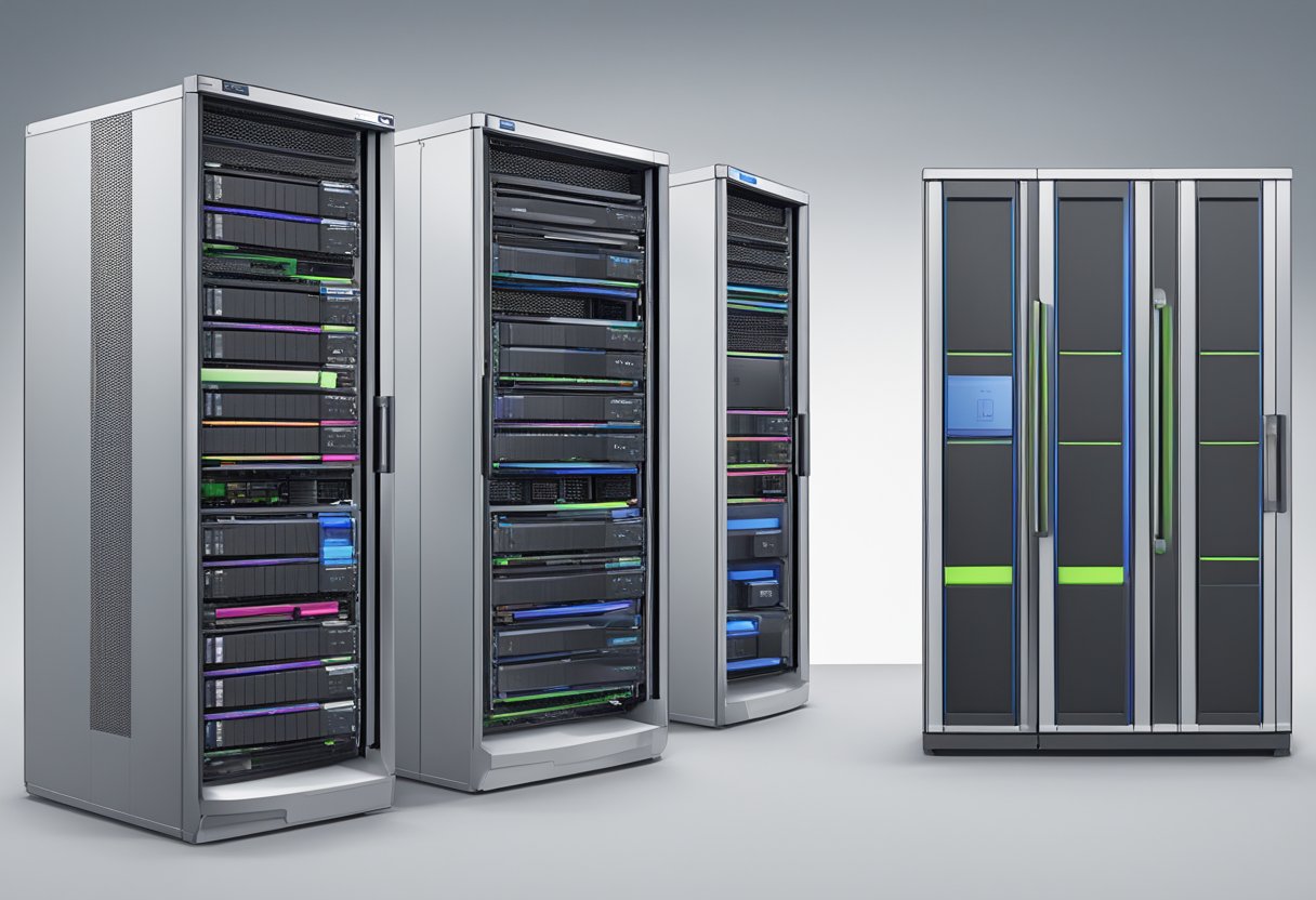 A cloud server and an on-premise server side by side, with labeled price tags and performance metrics displayed above each